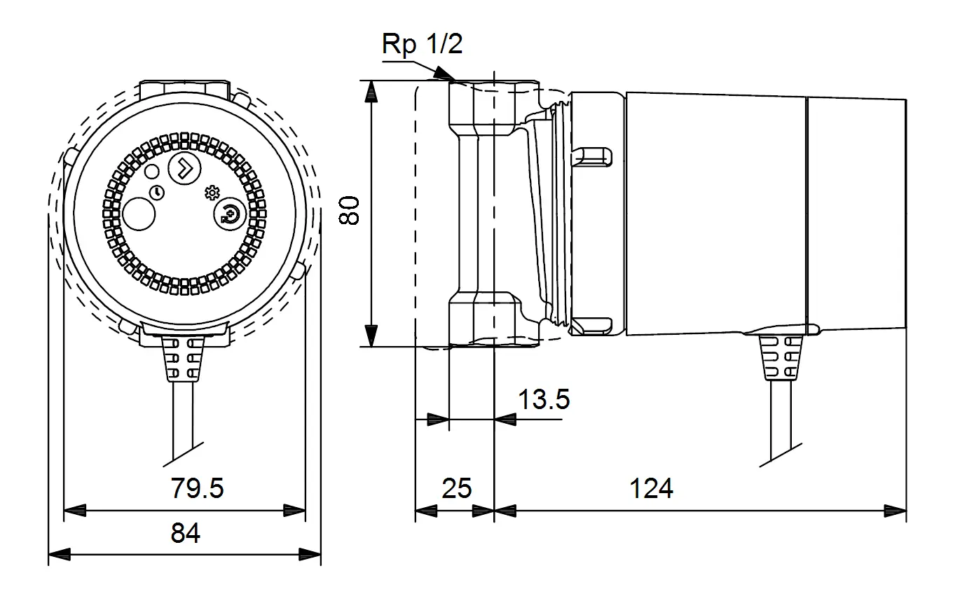 Ansicht einer Grundfos Umwälzpumpe mit runder Front und Kabelanschluss, schematische Darstellung mit Maße und Anschlussdetails.